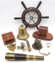 Assorted maritime collectables to include a small three-draw brass and leather-clad telescope by