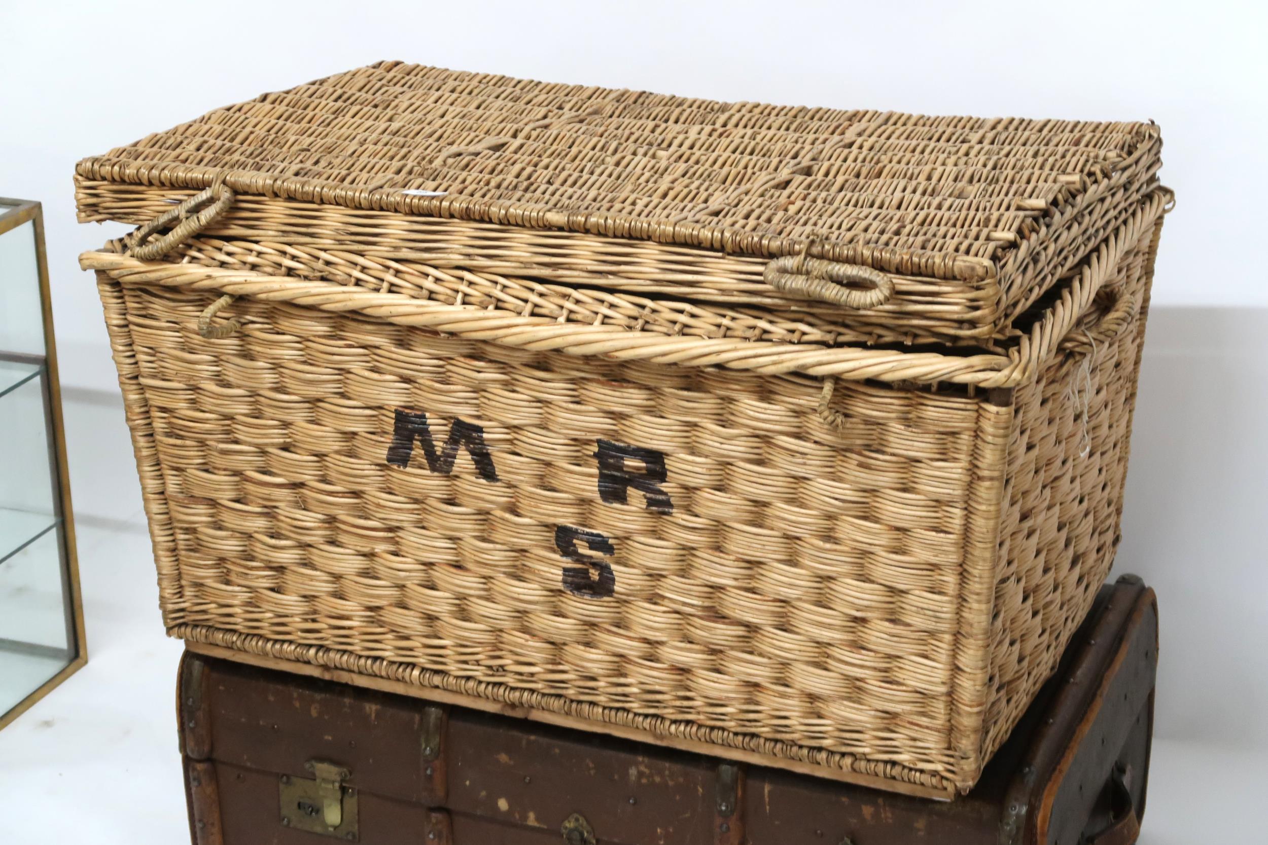 A lot comprising 19th century wicker laundry hamper, 50cm high x 91cm wide x 61cm deep and a wood - Image 2 of 2