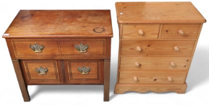 A lot comprising an early 20th century oak chest of drawer with one long drawer over pair of short