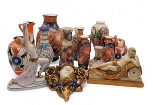 A collection of Old Tupton Ware vases in the Moorcroft and Clarice Cliff style, together with a