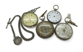Four silver pocket watches, a silver 1871 watch with a decorative dial, a similar example signed