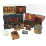 A collection of royal commemorative tins and other assorted boxes, one containing a quantity of