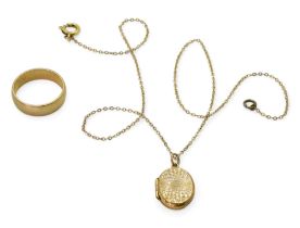 A 9ct gold wedding ring, size R1/2, and a back & front locket and chain, weight together 7.4gms