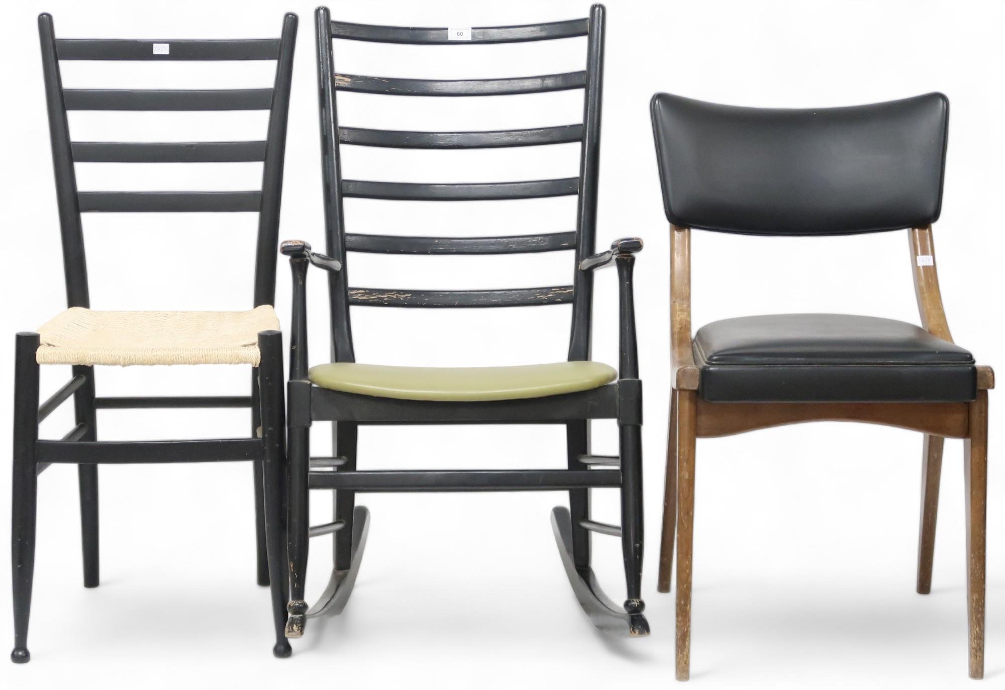 A lot comprising a mid 20th century ebonised after Gio Ponti ladder backed rocking chair, 93cm high,