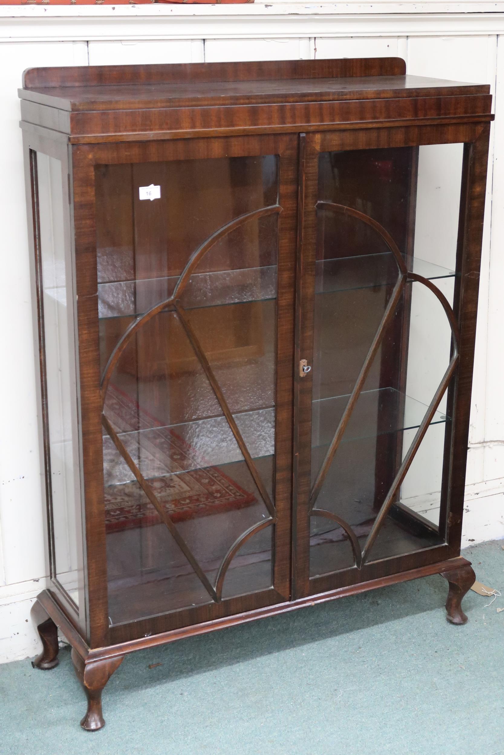 An early 20th century mahogany two door glazed display cabinet on cabriole supports, 124cm high x - Image 2 of 2