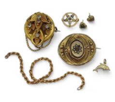 A collection of gold and yellow metal to include two Victorian brooches one as found, a Eastern Star