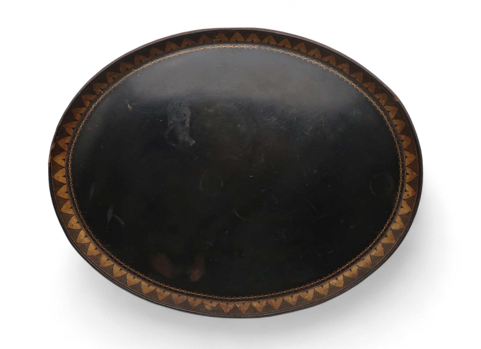 A large papier mache tray, painted black with gilt decoration approx 78cm  Condition Report: