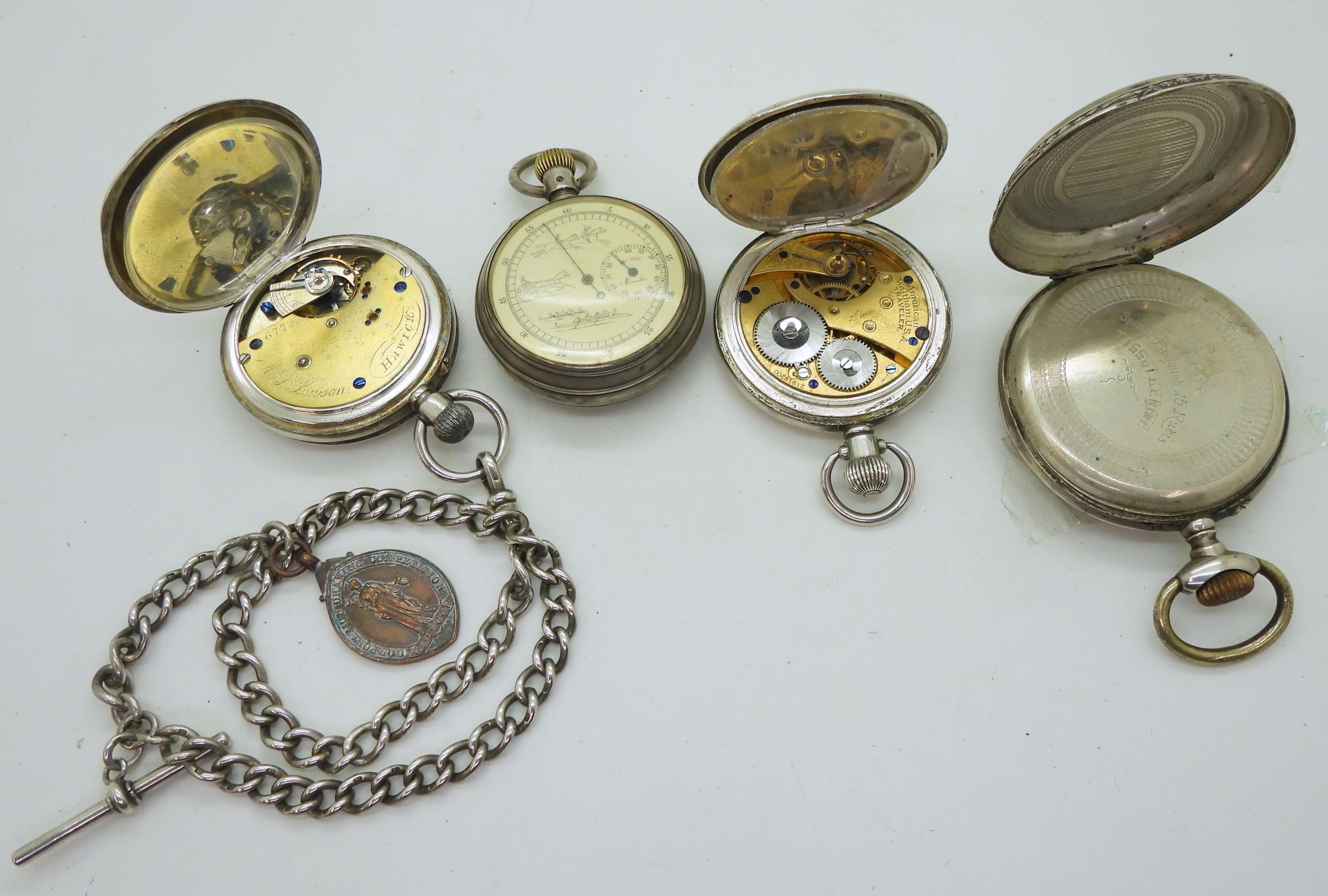 Four silver pocket watches, A large Tissot open face with an engraved horse to the case, a double - Image 4 of 7