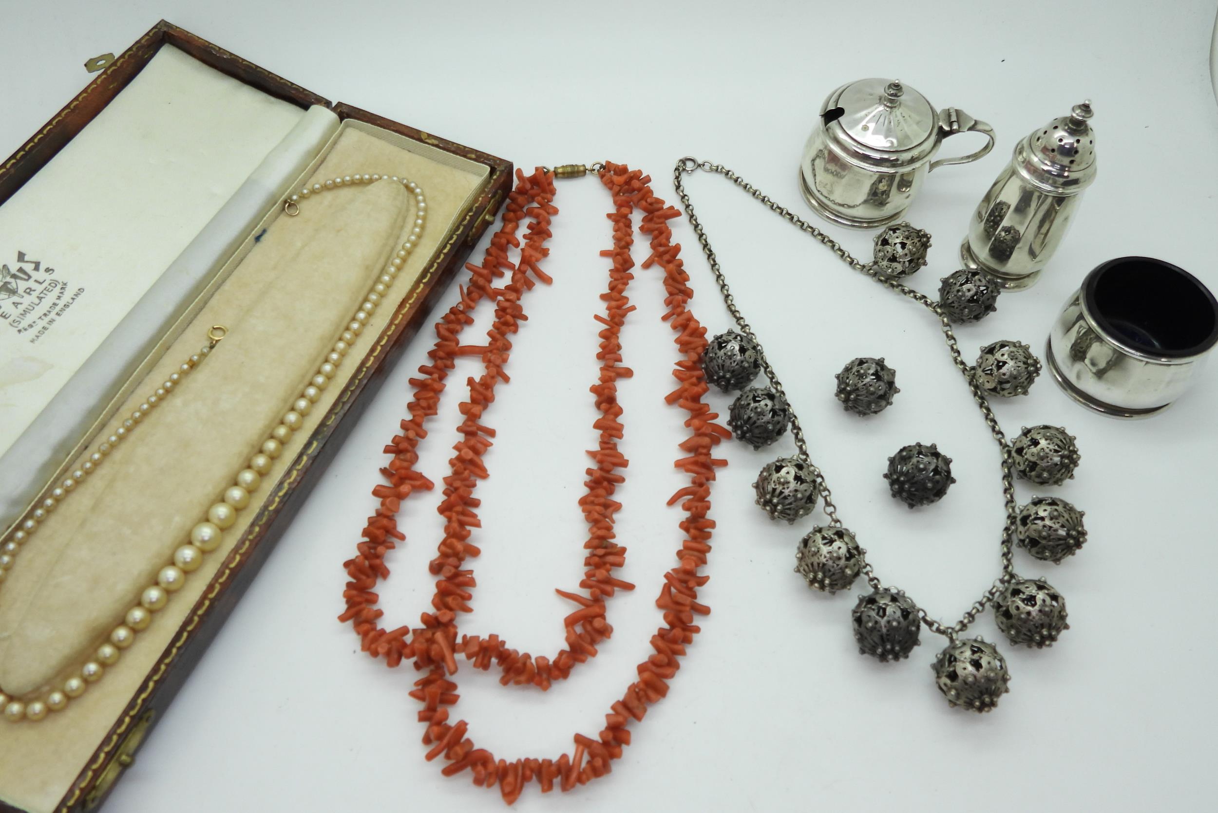 A coral fringe necklace, filigree ball necklace, Asprey & Co silver cruet set and other items - Image 2 of 3