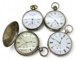 Four silver pocket watches, to include a Swiss example with stop watch facility, a full hunter
