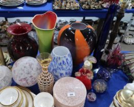 A collection of art glass including a Murano figure of a lady, vases, paperweights, shades etc