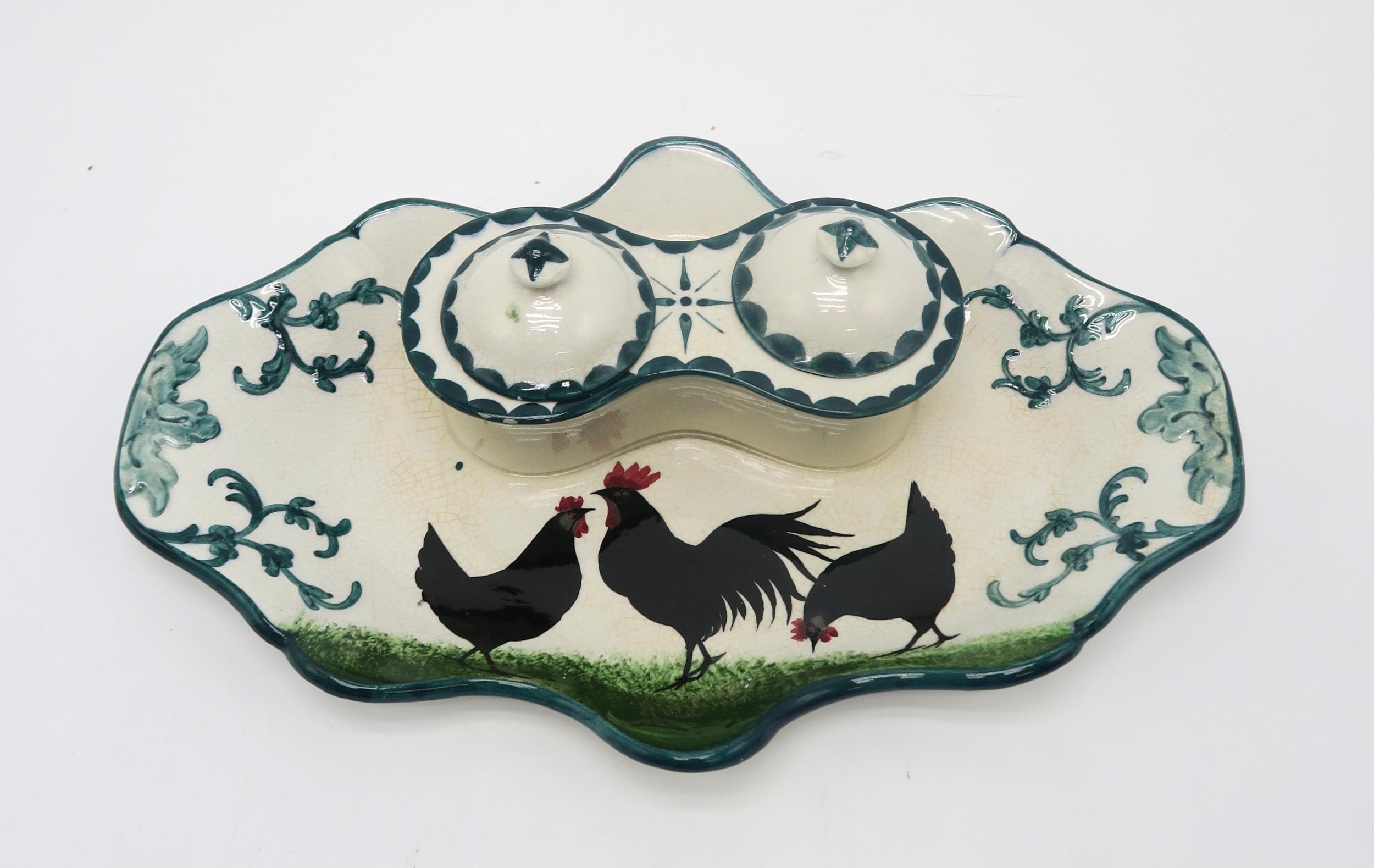 A Wemyss ware black cockerel and hens double inkwell 26cm wide, together with a tyg, 10cm high (2) - Image 2 of 5
