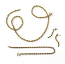 A 9ct gold rope chain necklace length 45.5cm, together with a matching bracelet and earrings, weight