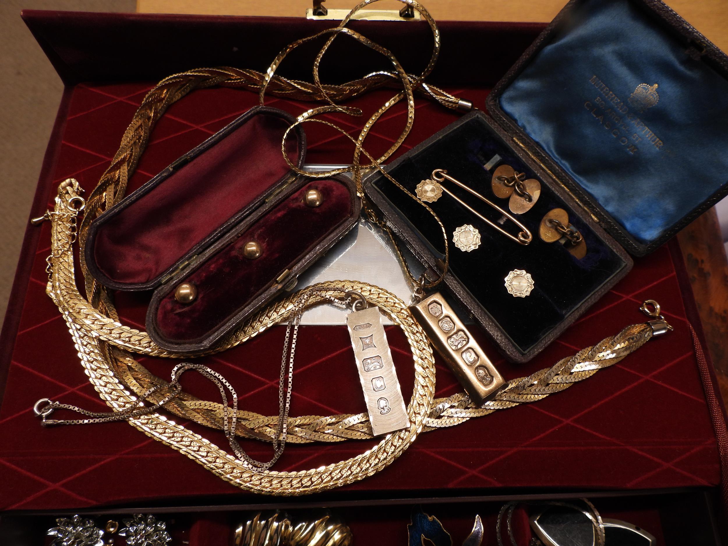 A red velvet jewellery box full of vintage costume to include, vintage gold plated studs in boxes, - Image 2 of 5