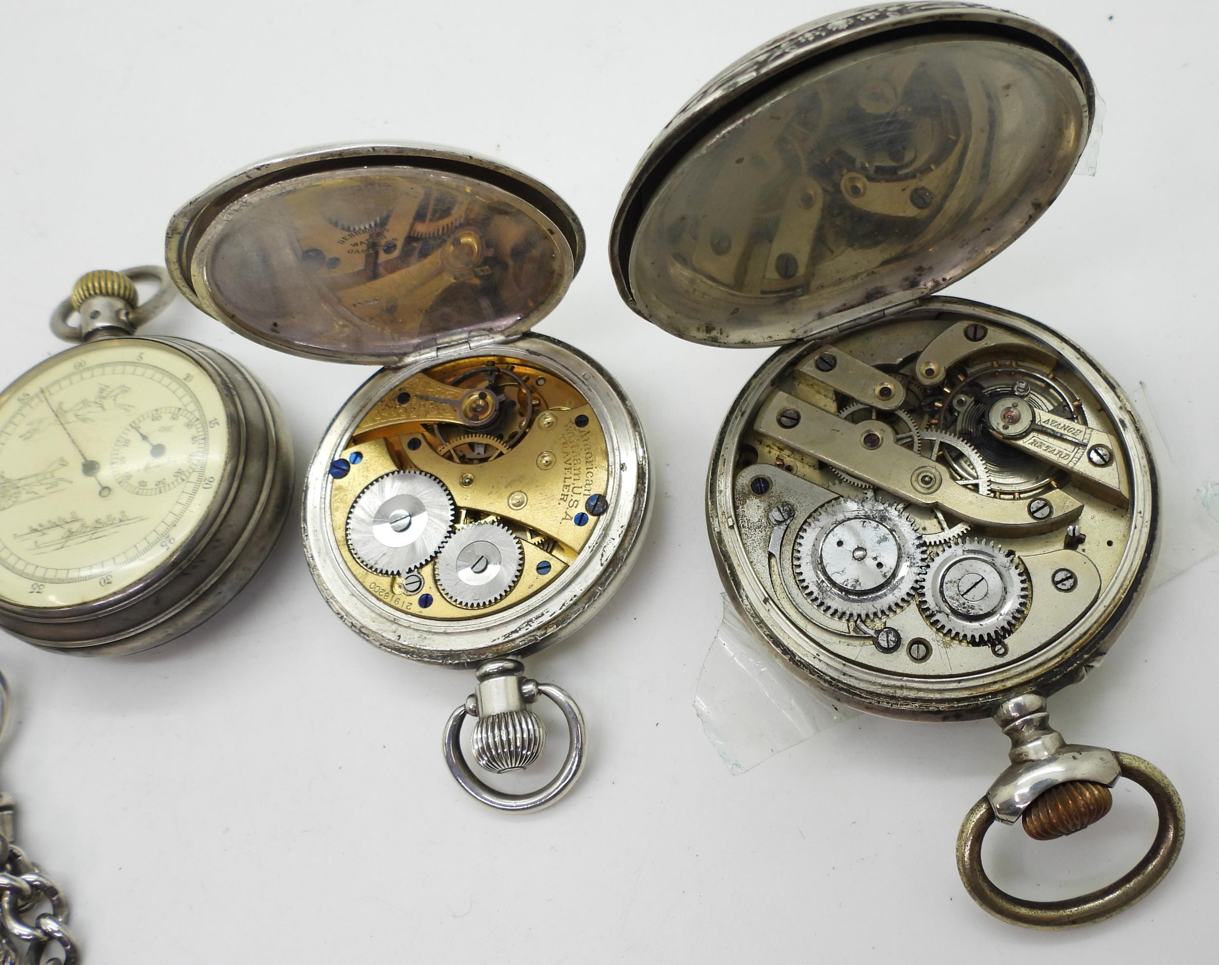 Four silver pocket watches, A large Tissot open face with an engraved horse to the case, a double - Image 6 of 7