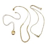 A 9ct gold braided snake chain necklace length 42cm, a 9ct gold box chain with marine style link