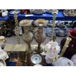 A pair of tall barley twist candlesticks, a pair of vases, tray, assorted lamps, barometer etc