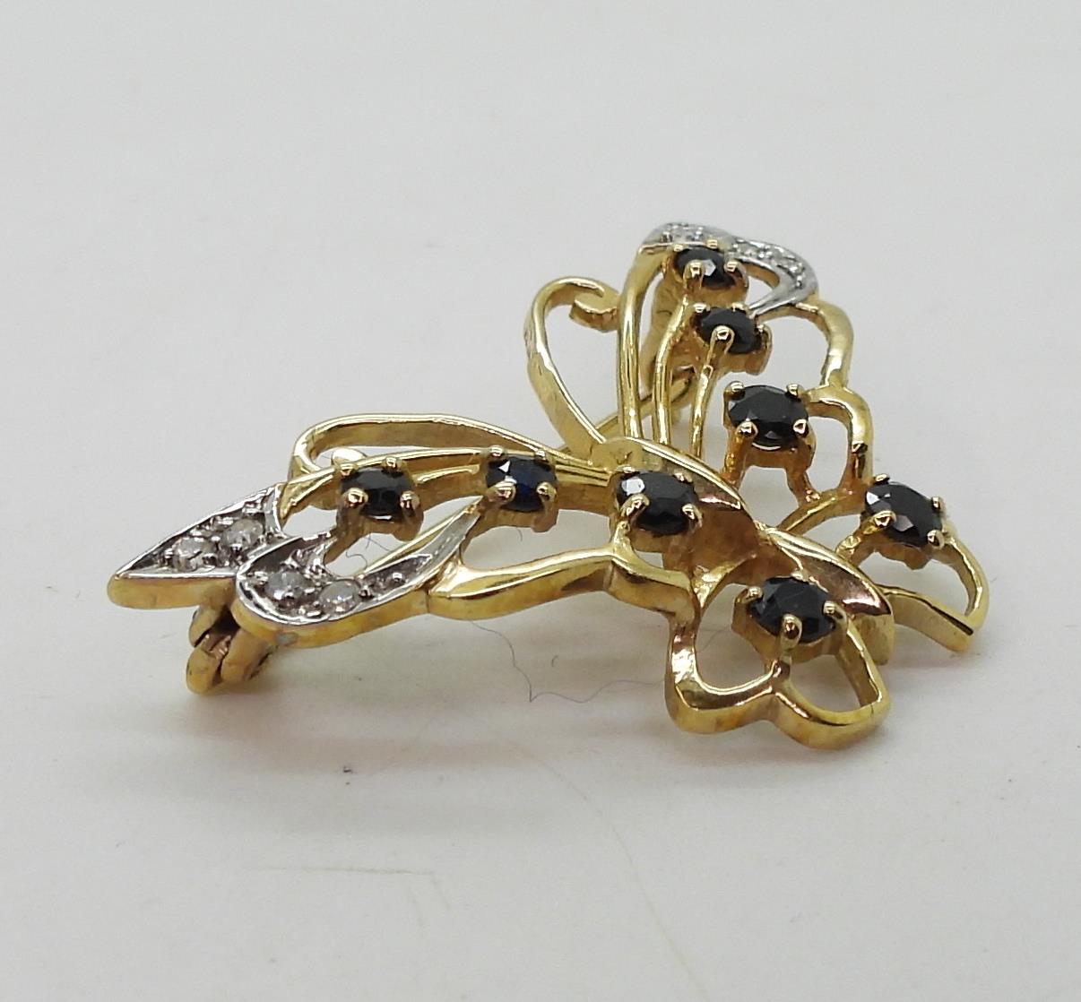 A 9ct gold sapphire and diamond set butterfly brooch, 3.3cm x 2..4cm, weight 4.7gms Condition - Image 2 of 4