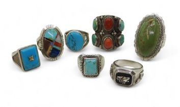 A collection of first nation designed rings, to include items by both Hopi and Navajo tribes, to