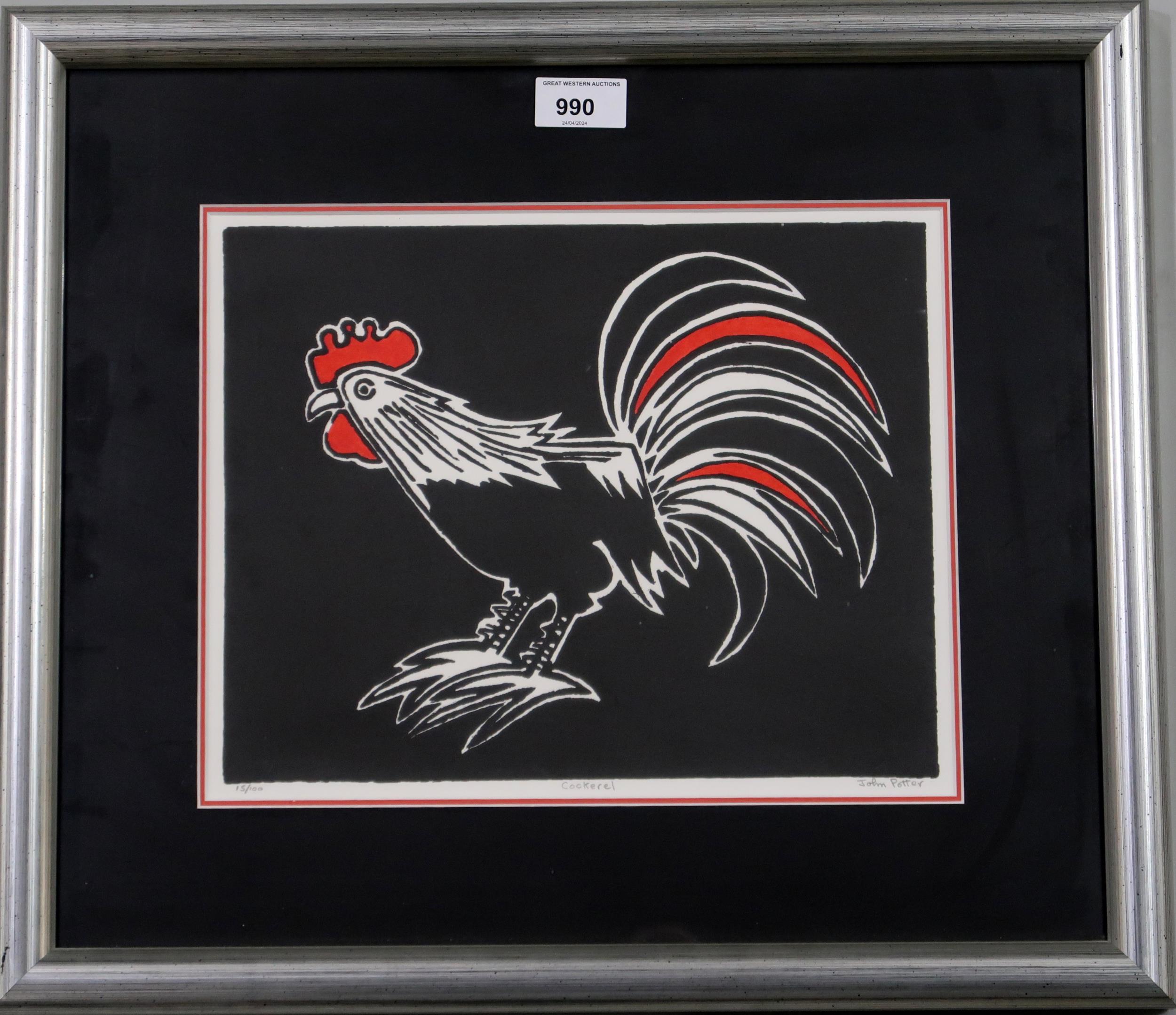 JOHN POTTER (CONTEMPORARY SCHOOL)  COCKEREL  Woodcut, signed lower right, numbered 15/100, 24 x 31cm - Image 2 of 3