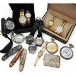 A gold plated Elgin pocket watch, a Rosskopf & Cie pocket watch, three Russian wristwatches, and