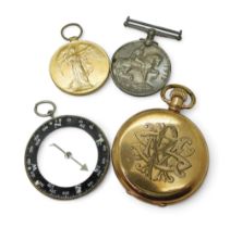 A gold plated Nalog pocket watch, a night and day compass, and a Victory medal and British War medal