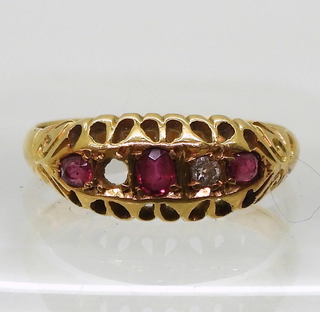 An 18ct red gem & diamond ring, hallmarked Birmingham 1919, finger size O1/2, weight 3.1gms - Image 2 of 5
