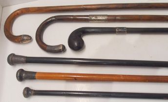 Six silver-mounted walking sticks/canes, to include a Malacca example with London silver top