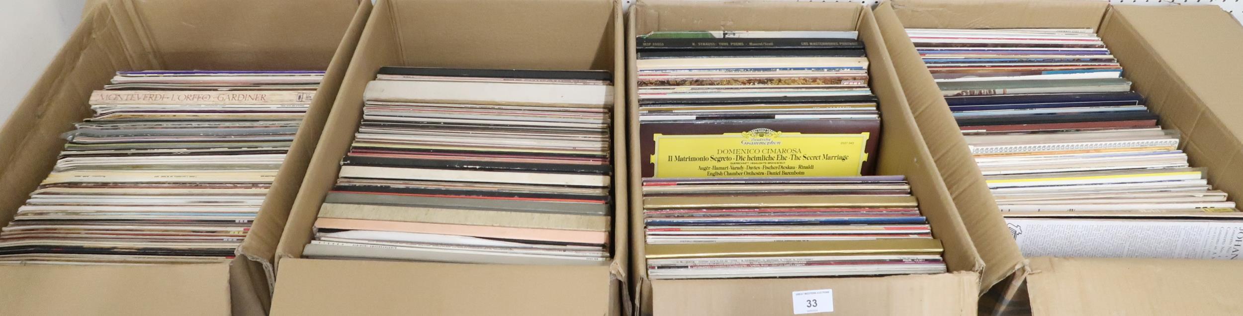 A lot of four boxes of assorted vinyl records predominately classical music (4) Condition Report: