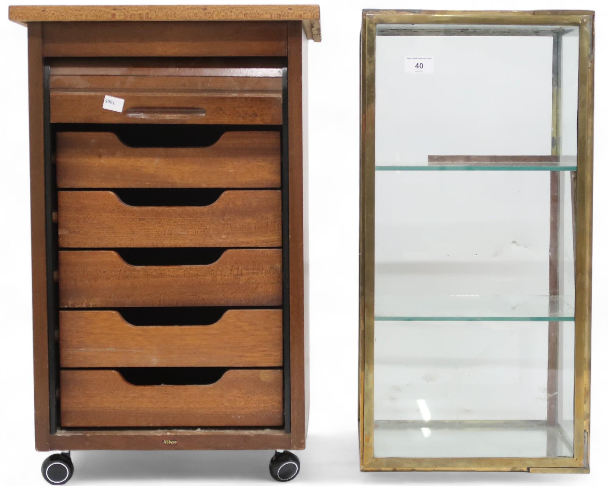 A lot comprising a small brass framed glazed countertop display cabinet with two glass shelves, 61cm