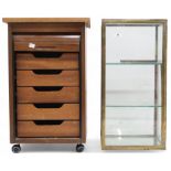 A lot comprising a small brass framed glazed countertop display cabinet with two glass shelves, 61cm