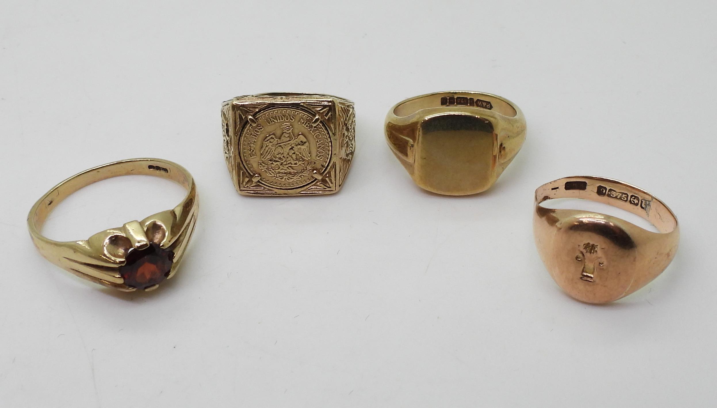 Four 9ct gold rings, signet ring, size O1/2, rose gold signet, size P, Mexican Dos Pesos ring, - Image 2 of 3