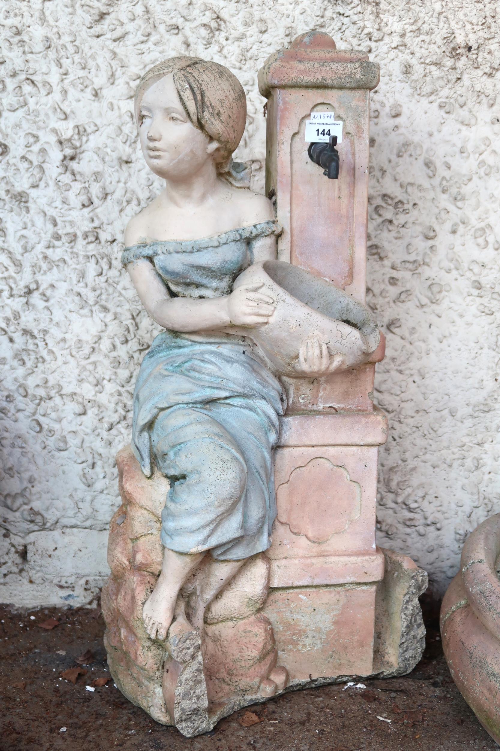 A contemporary reconstituted stone figural garden water feature depicting maiden filling an urn, - Image 3 of 3