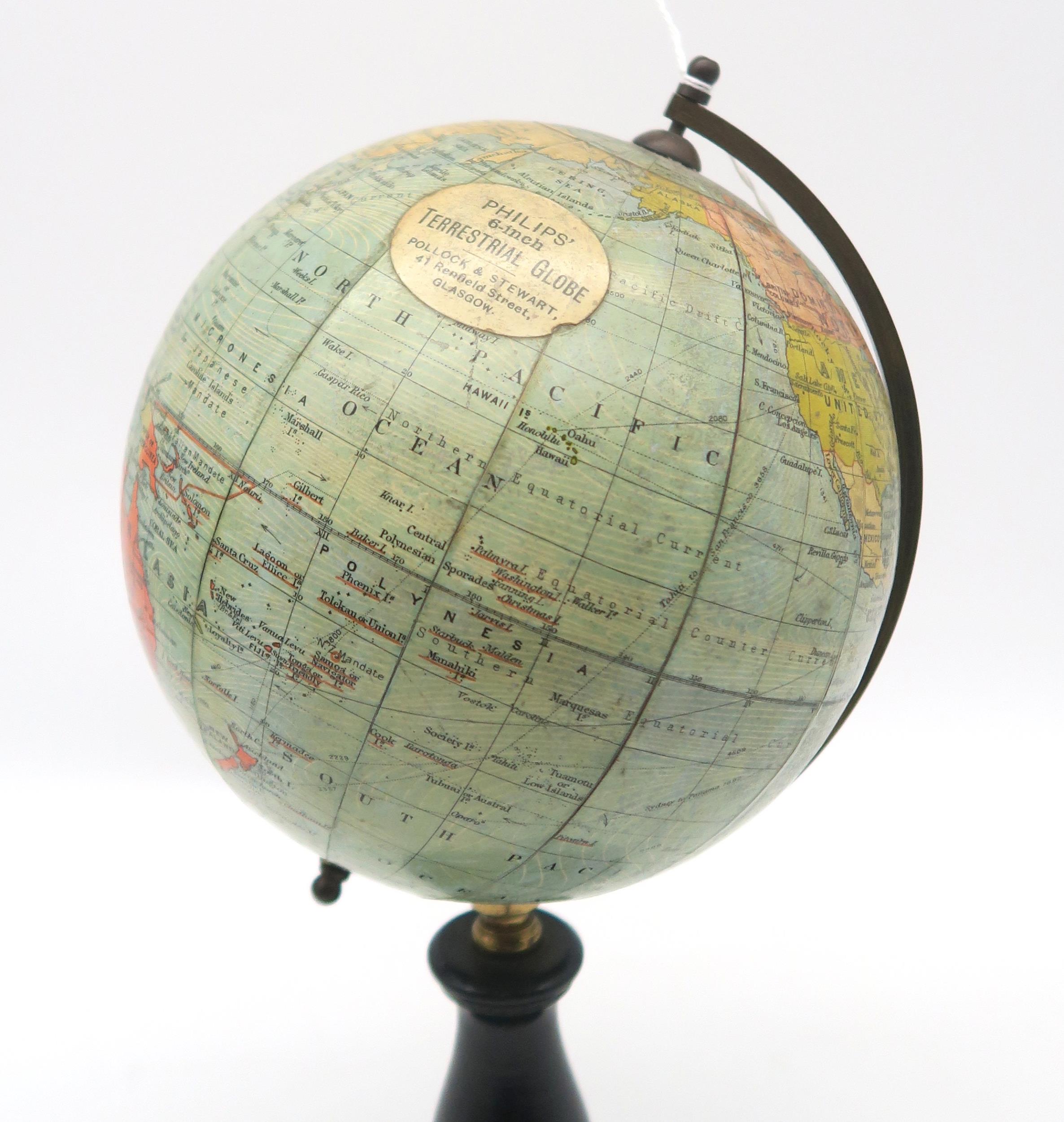 A Philip's 6" Terrestrial Globe, retailed by Pollock & Stewart of 41 Renfield Street, Glasgow, - Image 2 of 2