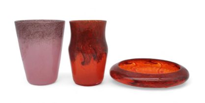 A Strathearn orange and aventurine vase, a Strathearn bowl, together with a Vasart pink glass vase