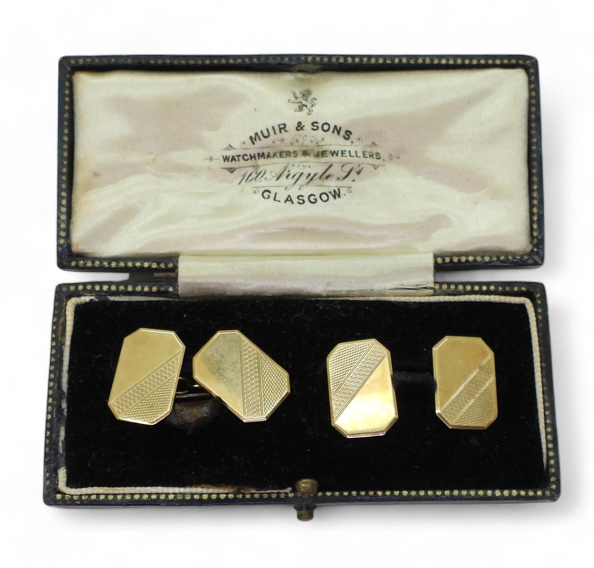 A pair of 9ct gold engine turned engraved cufflinks with Chester hallmarks for 1935, weight 4.4gms