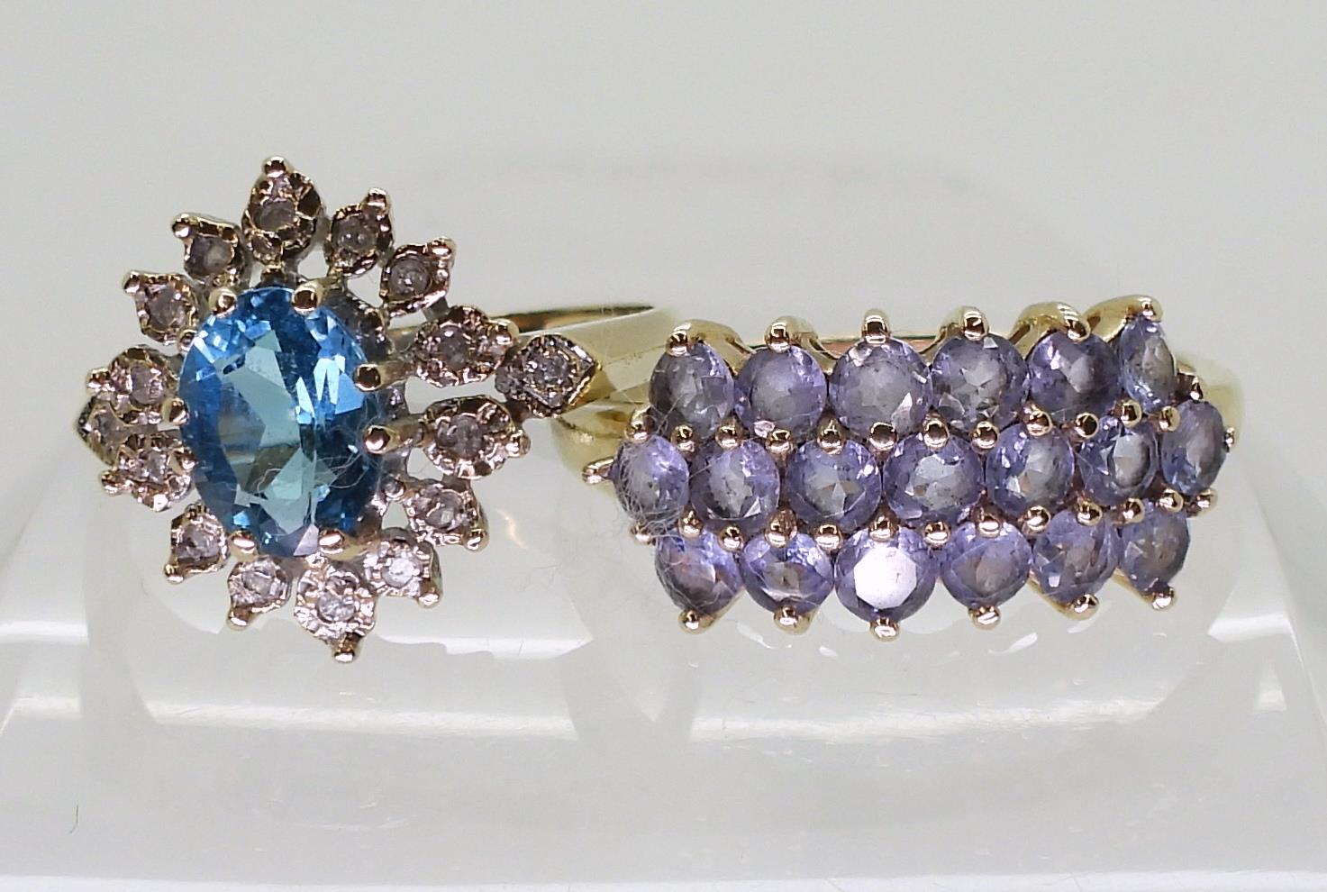 A 9ct blue topaz and  diamond ring, size R, together with a 10k gold tanzanite cluster ring, size X, - Image 2 of 5