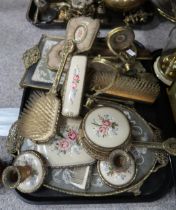 Assorted petit point dressing table sets, clocks, desk stand etc Condition Report:No condition