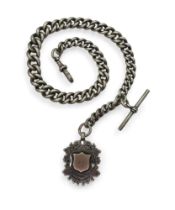 A heavy silver tapered fob chain with silver medallion, hallmarked to every link, tapers from 10.4mm