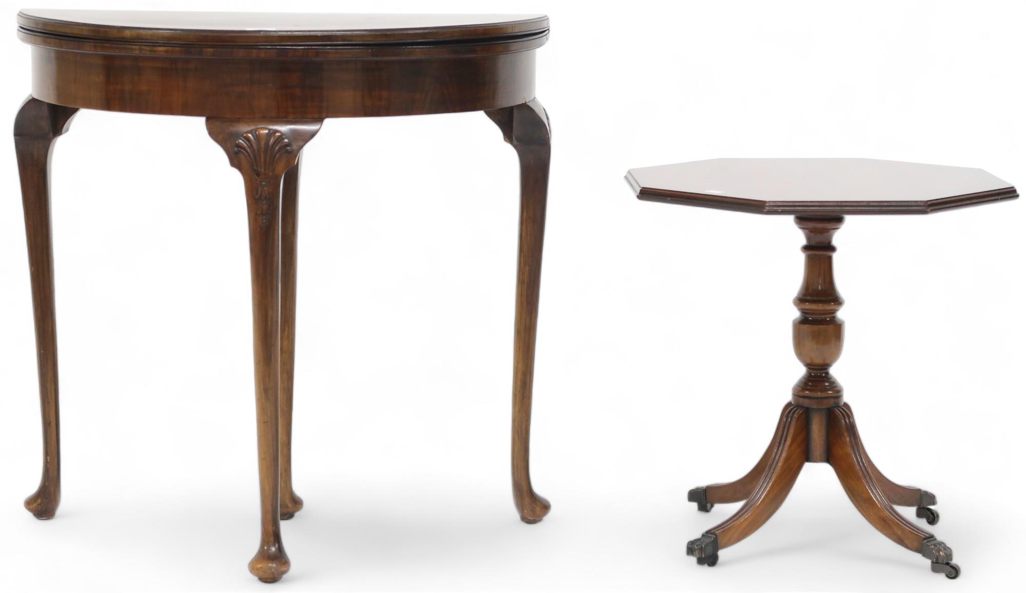 A lot comprising early 20th century walnut demi lune fold over card table on cabriole supports, 75cm