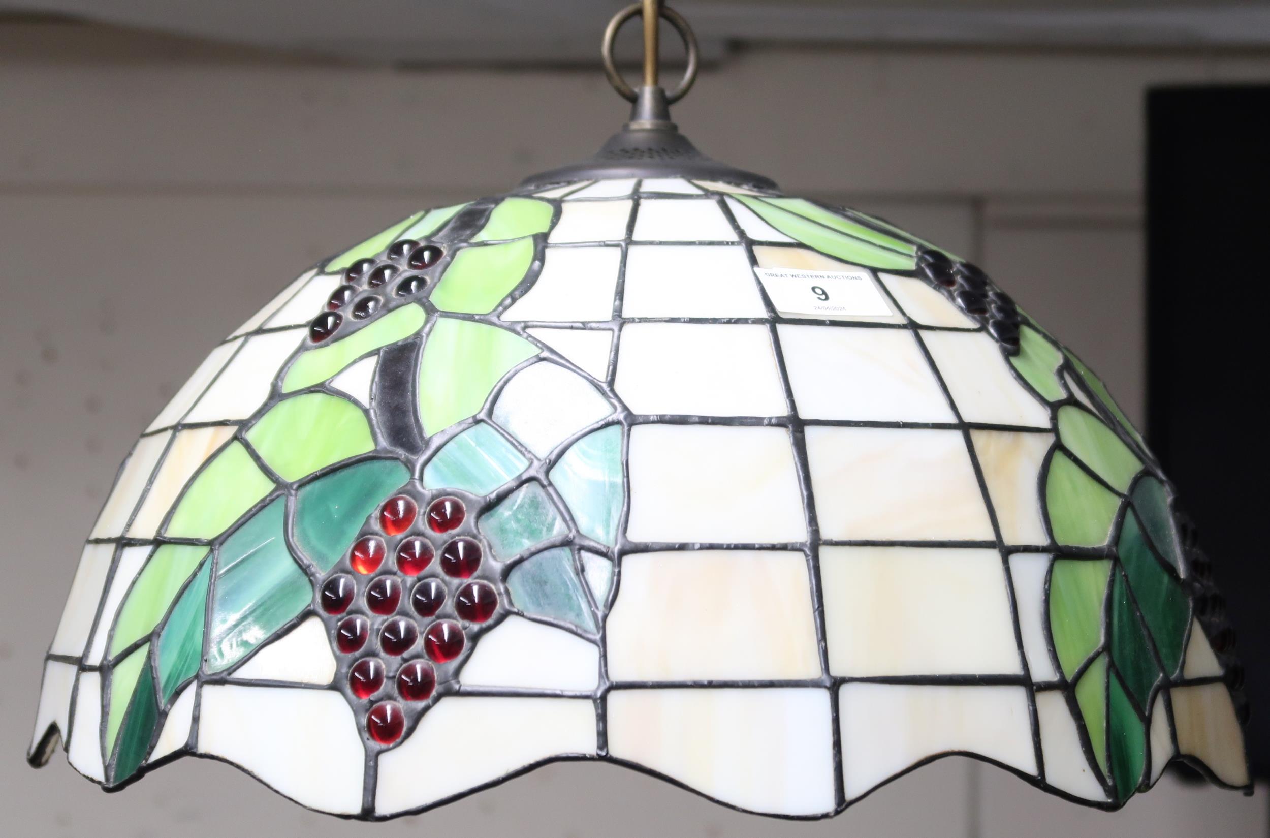 A lot comprising contemporary Tiffany style table lamp with leaded stained glass shade decorated - Image 2 of 3