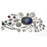 A large silver lapis lazuli buckle, together with a silver compact, Shetland silver hedgehog brooch,