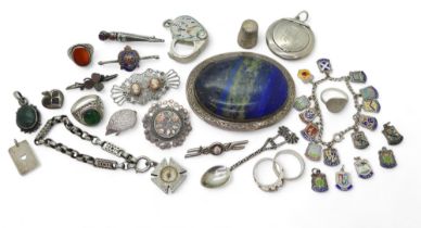 A large silver lapis lazuli buckle, together with a silver compact, Shetland silver hedgehog brooch,