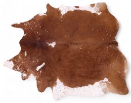 A contemporary brown and cream tanned cowhide rug, approximately 247cm long x 217cm wide Condition