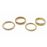 Four 18ct gold wedding rings, sizes S1/2, P, O1/2 and O, weight combined 14.4gms Condition Report:
