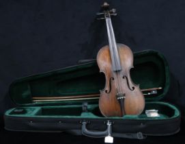 A two piece back violin 35cm together with a bow 56 grams and case Condition Report:Available upon