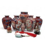 A large collection of Imari vases, plates and chargers, figures, a magnifying glass etc Condition
