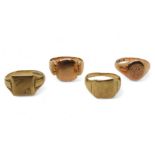 Four 9ct gold signet rings, rose gold oval size U weight combined 17.8gms Condition Report:Available