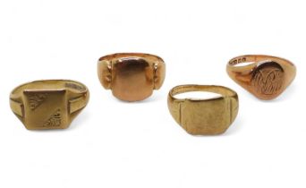 Four 9ct gold signet rings, rose gold oval size U weight combined 17.8gms Condition Report:Available