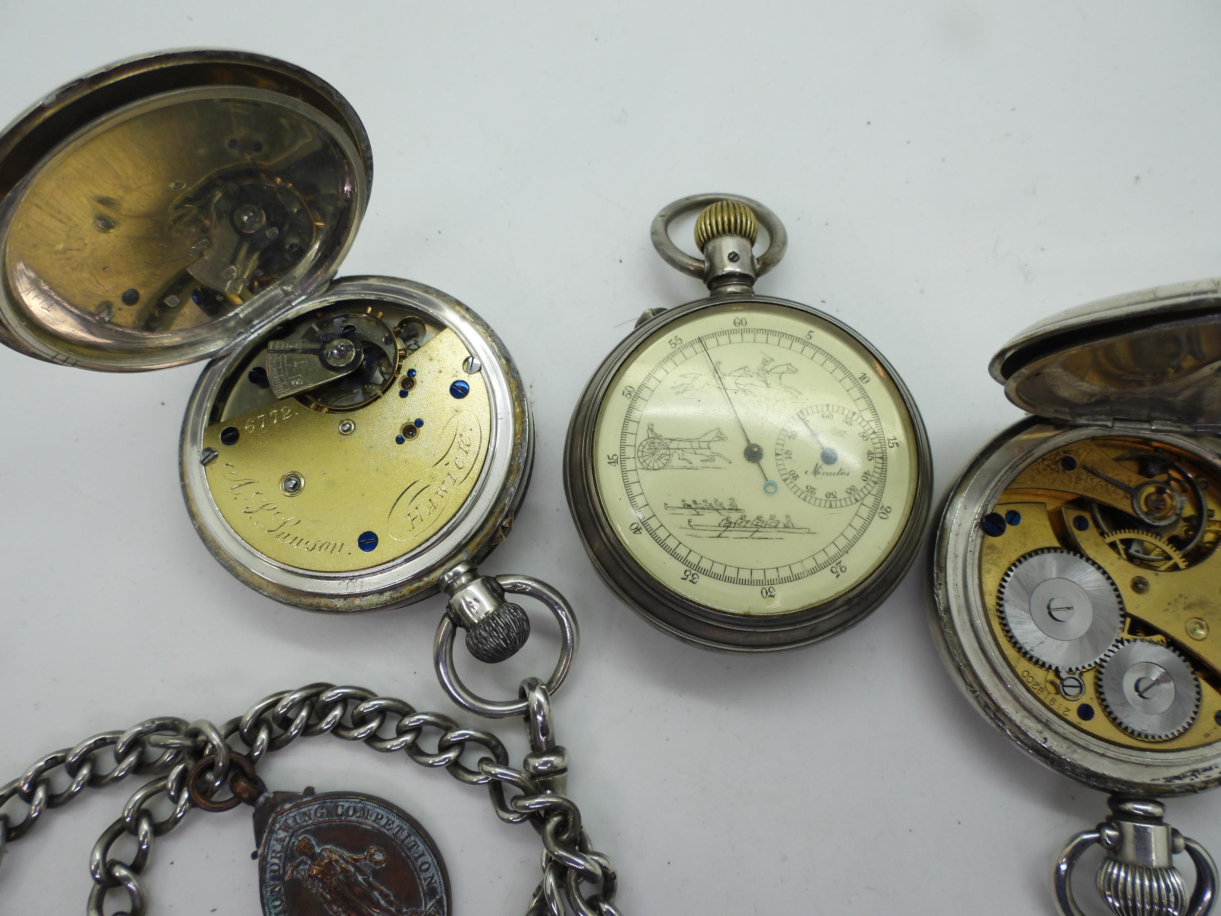 Four silver pocket watches, A large Tissot open face with an engraved horse to the case, a double - Image 7 of 7